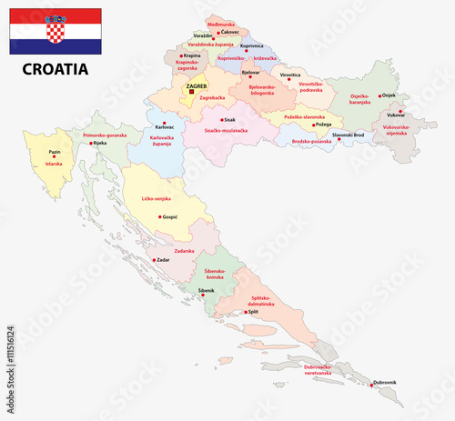 administrative and political map of Croatia with flag