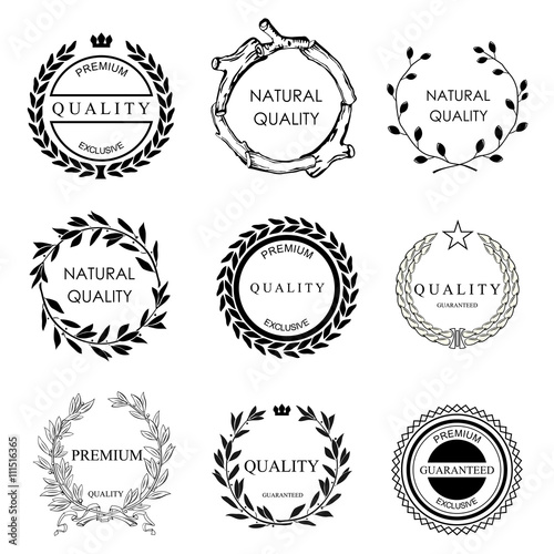 Set of vector templates for logos and icons on the theme of quality in eco style. Collection certificates elements.