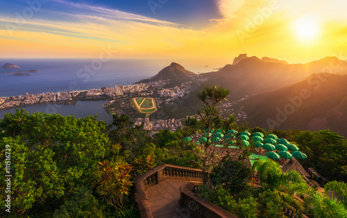 Sunset view from Corcovado of Lagoa Rodrigo de Freitas, Ipanema and Leblon in Rio de Janeiro, Brazil