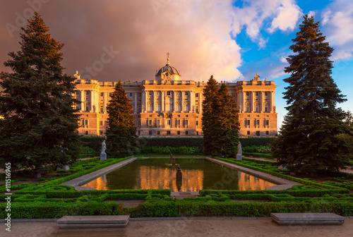 Royal Palace of Madrid and Sabatini park in Madrid, Spain