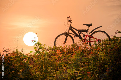 Closeup of the mountain bike with a colorful sky and sunset, vintage tone filter for poster or postcard. © ETAP