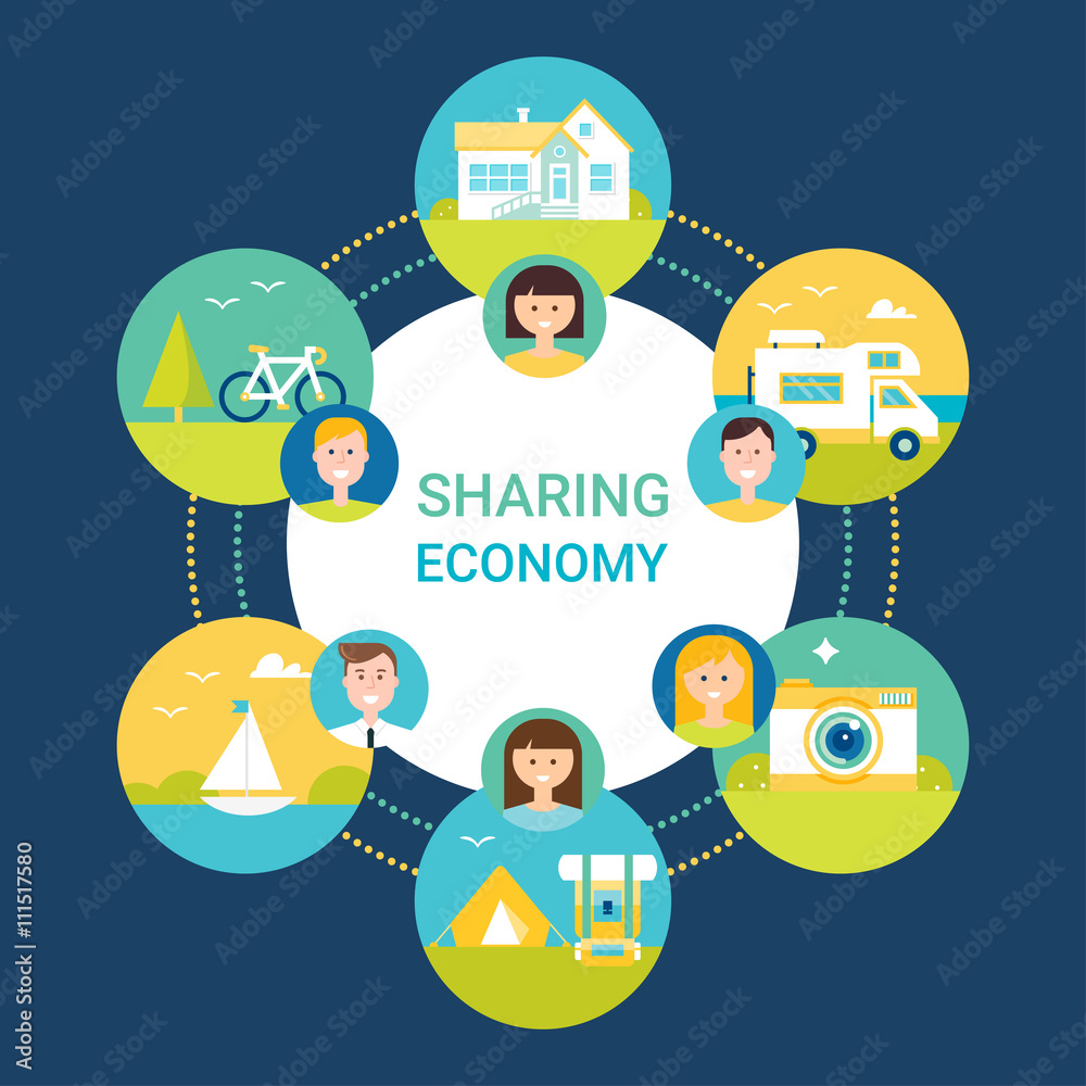 Which Organization Created A Shared Economy Sharing Economy Vector Illustration. People and Objects Icons Stock