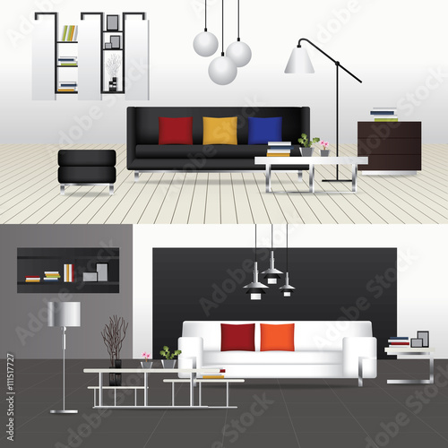 Flat Design Interior Living Room and Interior Furniture Vector Illustration