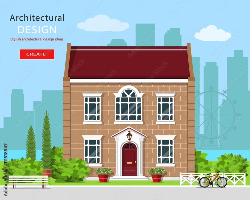 Modern graphic architectural design. Cute brick house. Colorful set: house, bench, yard, bicycle, flowers and trees. Flat style vector illustration.
