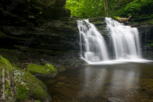 A long exposure of a waterfall scene in a forest of green trees. © rayhennessy