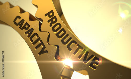 Productive Capacity on Mechanism of Golden Metallic Cogwheels with Glow Effect. Productive Capacity - Industrial Design. Productive Capacity on the Mechanism of Golden Gears. 3D.