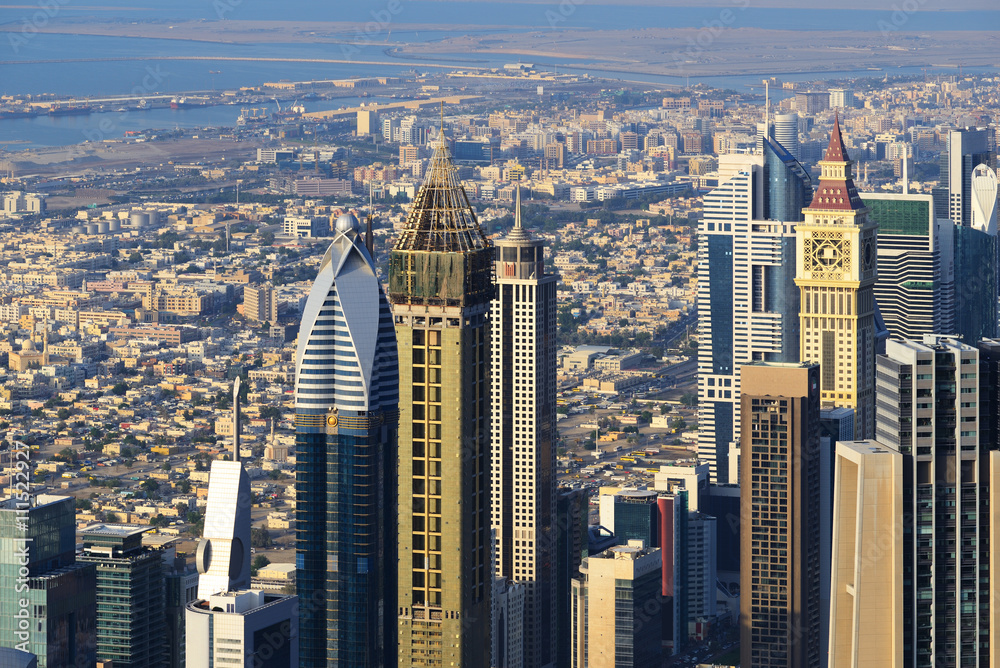 Aerial view of skyscrapers of Dubai World Trade center