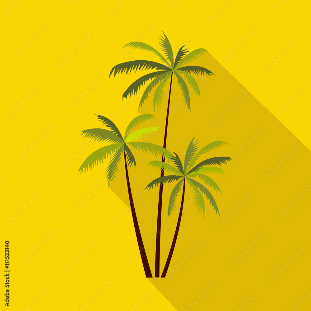 Three coconut palm trees icon, flat style