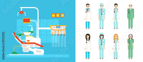 set of dental office with dental chair, medical staff in flat style