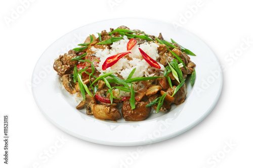 Chicken liver with mushrooms and rice. 
