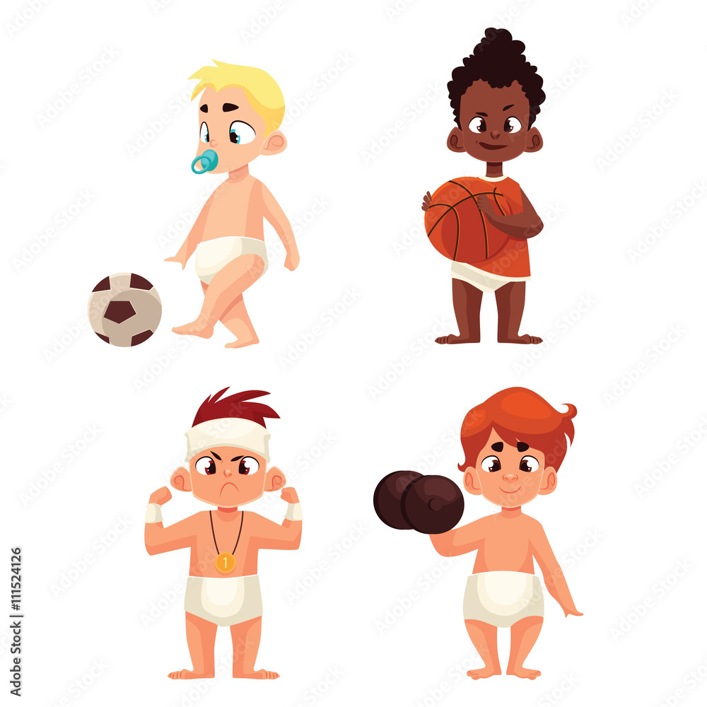 baby in diapers playing sports, vector illustration comic cartoon isolated  on a white background, a group of kids play sports football basketball,  serious kid winner and dumbbell Stock Vector | Adobe Stock