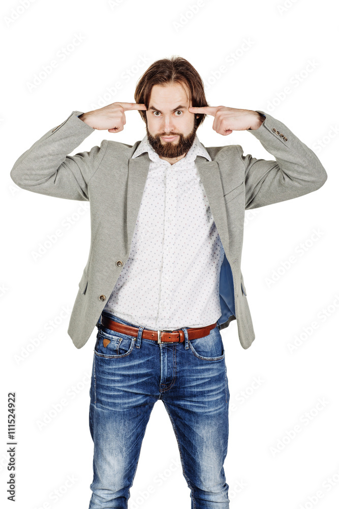 Fototapeta premium businessman gesturing with his finger against temple asking are