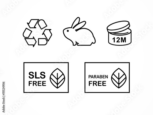 Set of natural cosmetics design packaging elements, icons, paraben free, organic bio product, not tested on animals