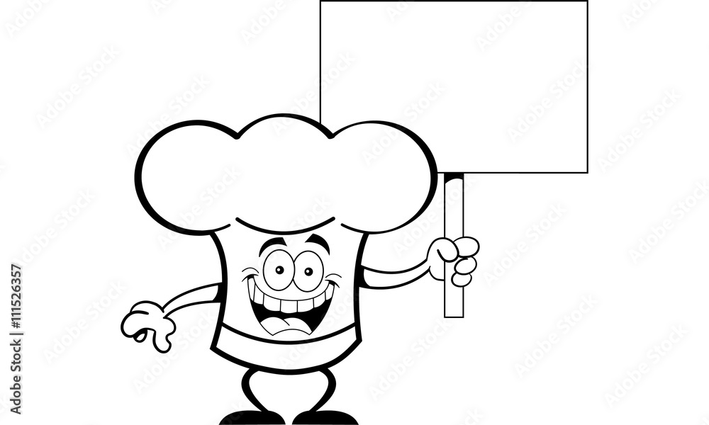 Black and white illustration of a chef's hat holding a sign.