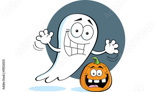 Cartoon illustration of a ghost with a pumpkin.