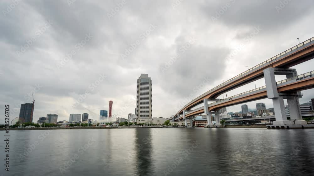 Kobe skyline time lapse at the port, cloudscape Kobe skyline time lapse at the port, cloudscape