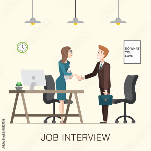 Job interview illustration in office interior with cartoon business man and woman characters.
