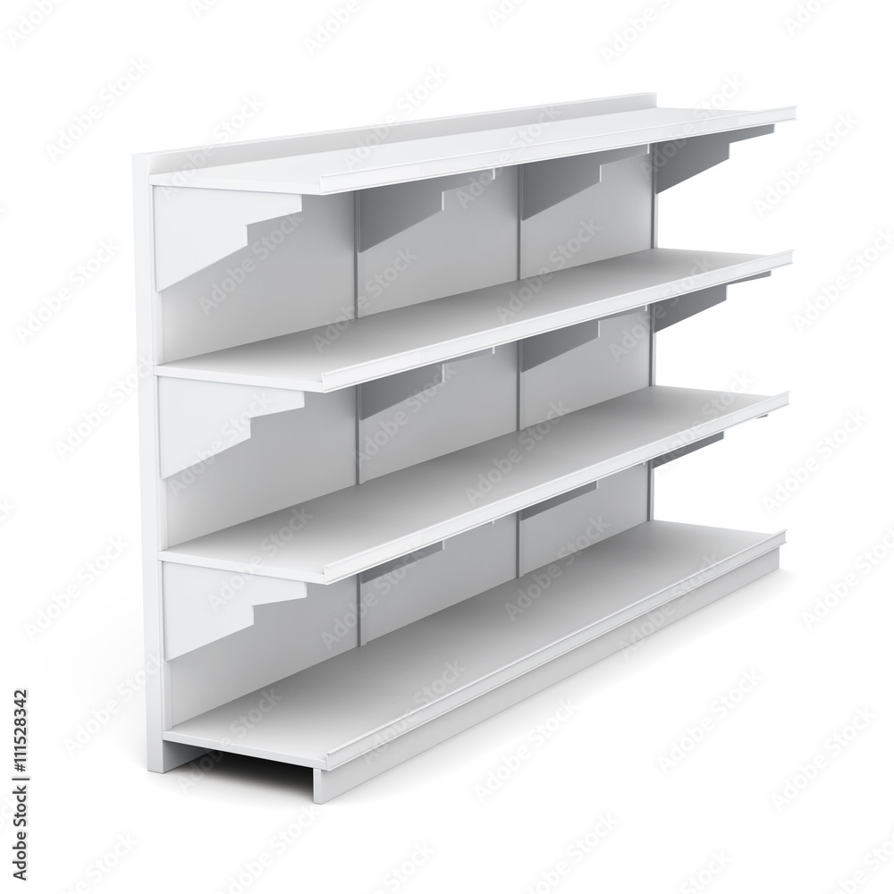 Supermarket rack with empty shelves isolated on white background. 3d rendering. Supermarket rack with empty shelves isolated on white background. 3d rendering.