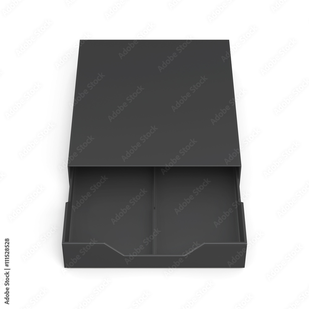 Black open drawer box isolated on white background. Laminated cardboard. Plastic box. 3d rendering Black open drawer box isolated on white background. Laminated cardboard. Plastic box. 3d rendering