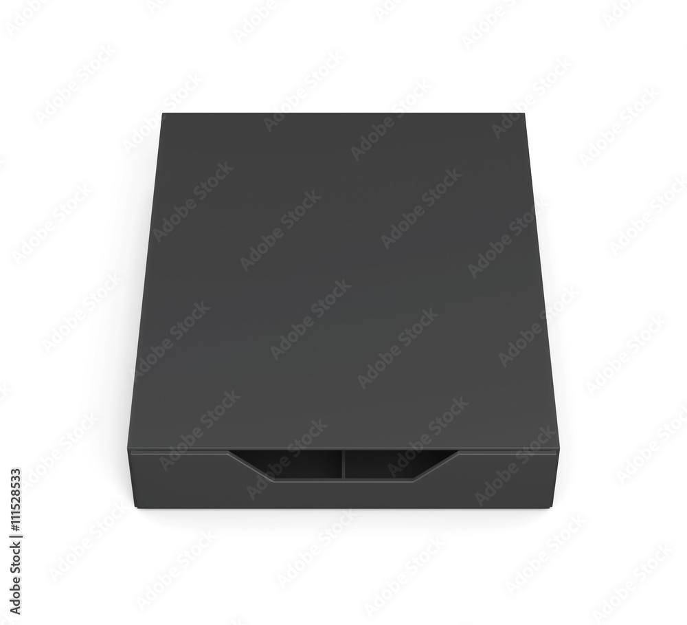 Closed black drawer box isolated on white background. Laminated cardboard. Plastic box. Front view. 3d rendering Closed black drawer box isolated on white background. Laminated cardboard. Plastic box. Front view. 3d rendering