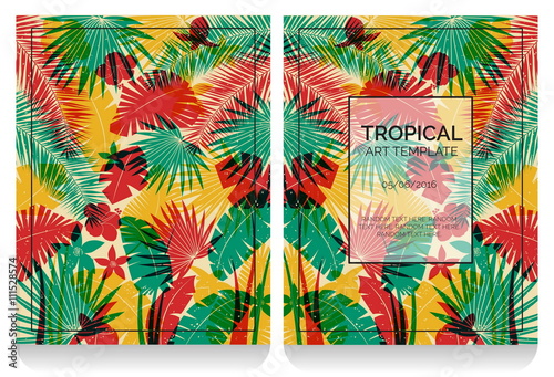 Tropical offset print effect jungle illustration with overlayed plants and flowers making anaglyph effect. Replace text to customize template.