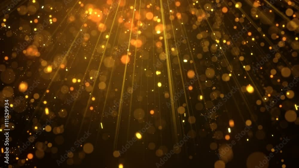 Lots of gold glitter particles falling in light rays. Holiday abstract seamless loop animation background 4k (4096x2304)
