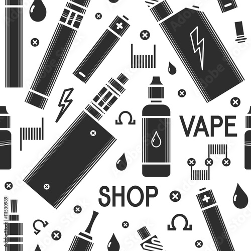 Vector seamless vape pattern for vape shop, e-cigarette store. Isolated on white  background