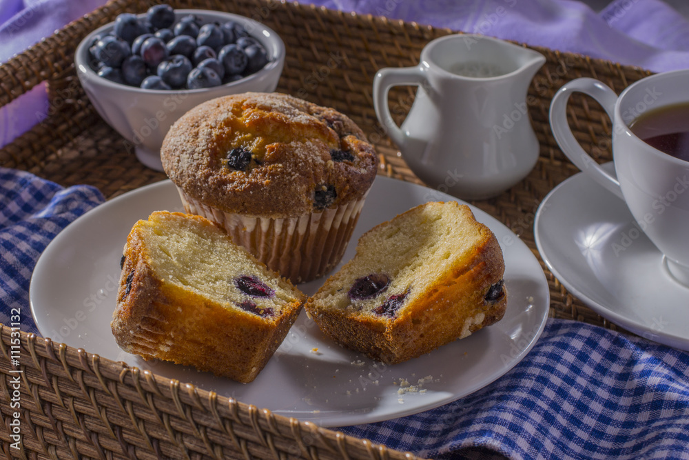 Plate of Blueberry Muffins with Coffee and Creamer Plate of Blueberry Muffins with Coffee and Creamer