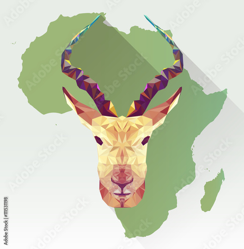 Vector image springbok in  flat design with long shadow. Geometric antelope illustration in polygon style. Gazelle low poly. African mammal. Animal triangle icon. African springbok. Africa map