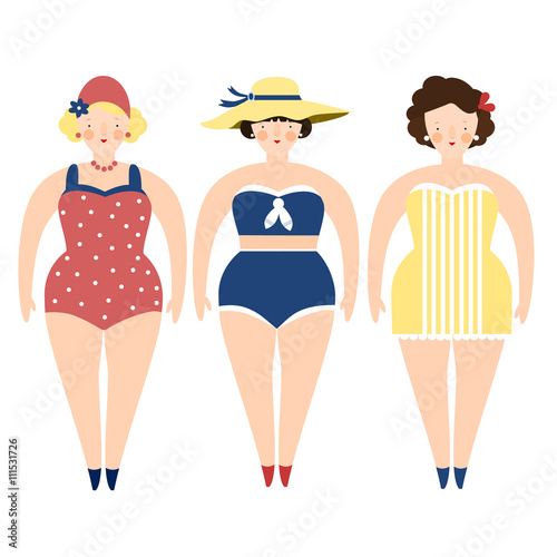Three retro ladies in swimming costumes, isolated vector illustration