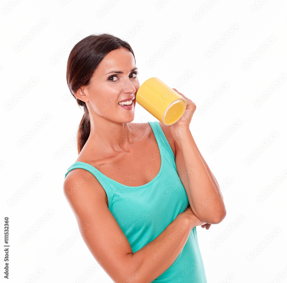 Smiling happy brunette woman with coffee mug Smiling happy brunette woman with coffee mug