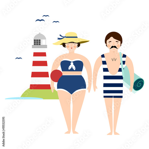 Retro couple in swimming suit by the sea, isolated vector illustration