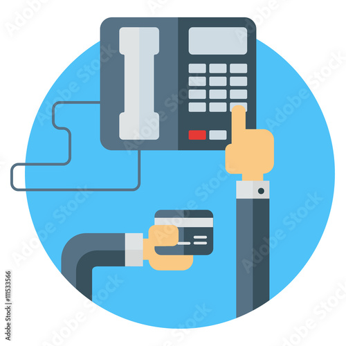Dialing number on phone and holding bank card. Transaction via phone. Colored flat vector illustration