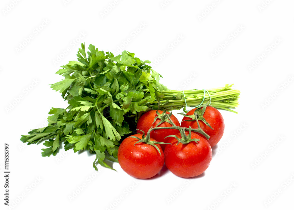 linking of parsley and bunch of tomatoes linking of parsley and bunch of tomatoes