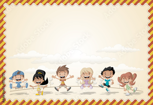 Card with a group of happy cartoon children playing

