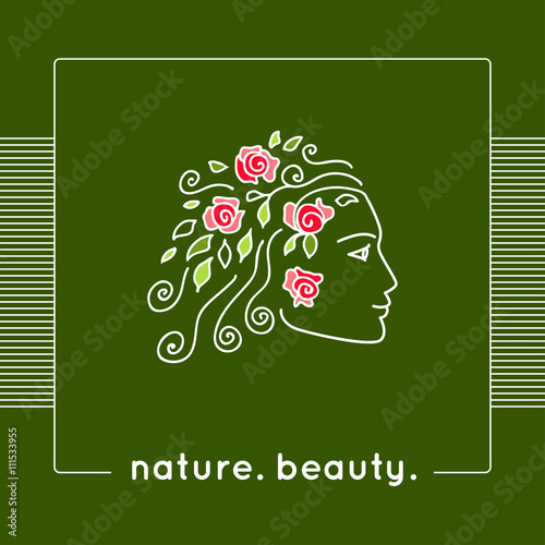 Vector illustration. Young woman profile. Female face as a logo in linear style. Girl face sketch as design element for natural beauty concept. Nature symbol for organic products or natural cosmetics.