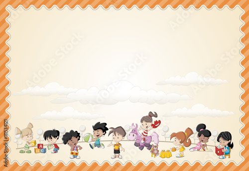 Card with a group of happy cartoon children playing