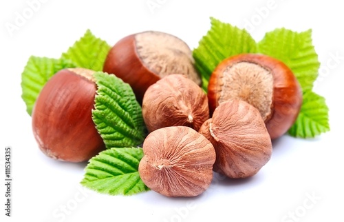Hazelnuts with leaf on white background