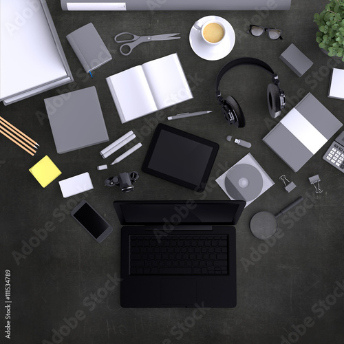 Laptop with variety blank office objects.