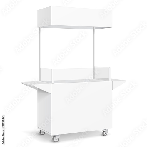 White POS POI Blank Empty Retail Stand Stall Mobile Bar Display With Roof, Canopy, Banner. Fast Food. On White Background Isolated. Mock Up Template Ready For Your Design. Product Packing Vector EPS10