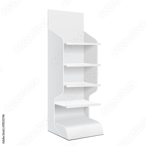 White POS POI Cardboard Floor Display Rack For Supermarket Blank Empty Displays With Shelves Products On White Background Isolated. Ready For Your Design. Product Packing. Vector EPS10