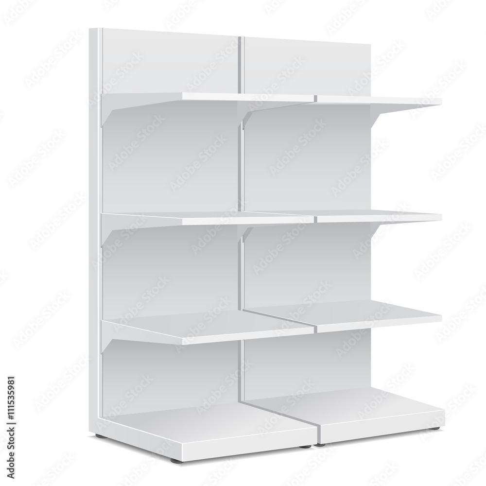 White Long Blank Empty Showcase Displays With Retail Shelves Products Mock Up On White Background Isolated. Ready For Your Design. Product Packing. Vector EPS10 White Long Blank Empty Showcase Displays With Retail Shelves Products Mock Up On White Background Isolated. Ready For Your Design. Product Packing. Vector EPS10