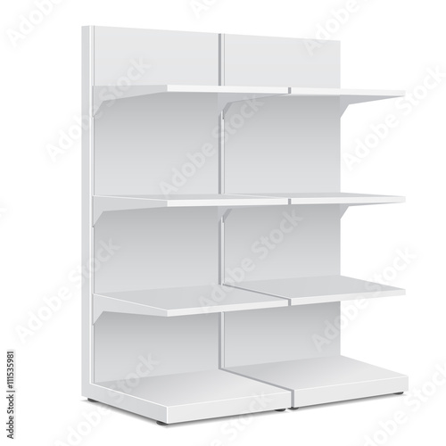 White Long Blank Empty Showcase Displays With Retail Shelves Products Mock Up On White Background Isolated. Ready For Your Design. Product Packing. Vector EPS10