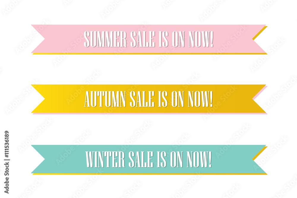 Obraz premium Cute pink, mint green and gold seasonal sale ribbon, banners, tags, label isolated on white background.