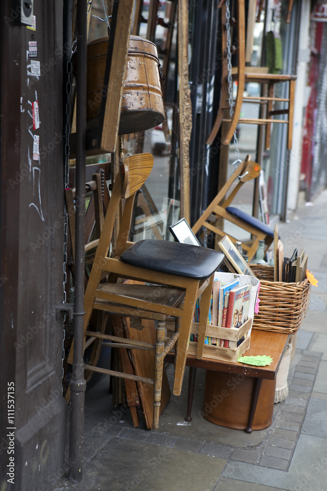 Antiques chair at a stall in Brick Lane, Whitechapel.