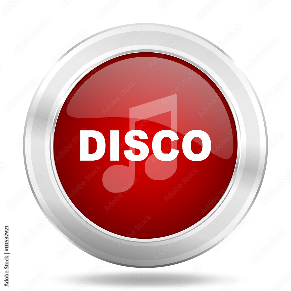 disco music icon, red round glossy metallic button, web and mobile app design illustration disco music icon, red round glossy metallic button, web and mobile app design illustration