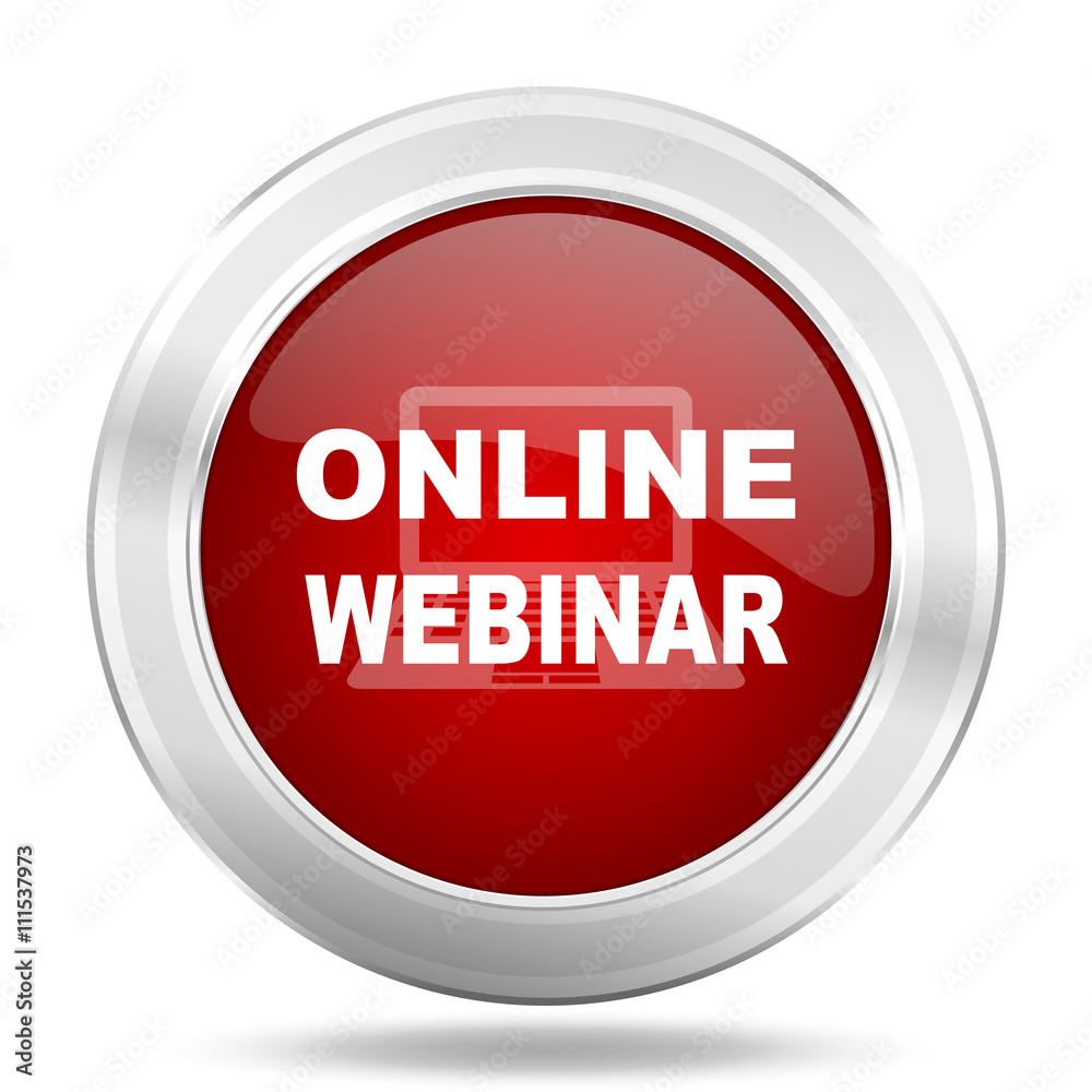 online webinar icon, red round glossy metallic button, web and mobile app design illustration online webinar icon, red round glossy metallic button, web and mobile app design illustration