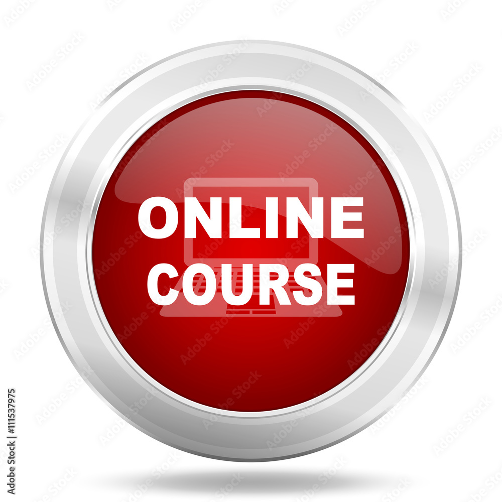 online course icon, red round glossy metallic button, web and mobile app design illustration online course icon, red round glossy metallic button, web and mobile app design illustration