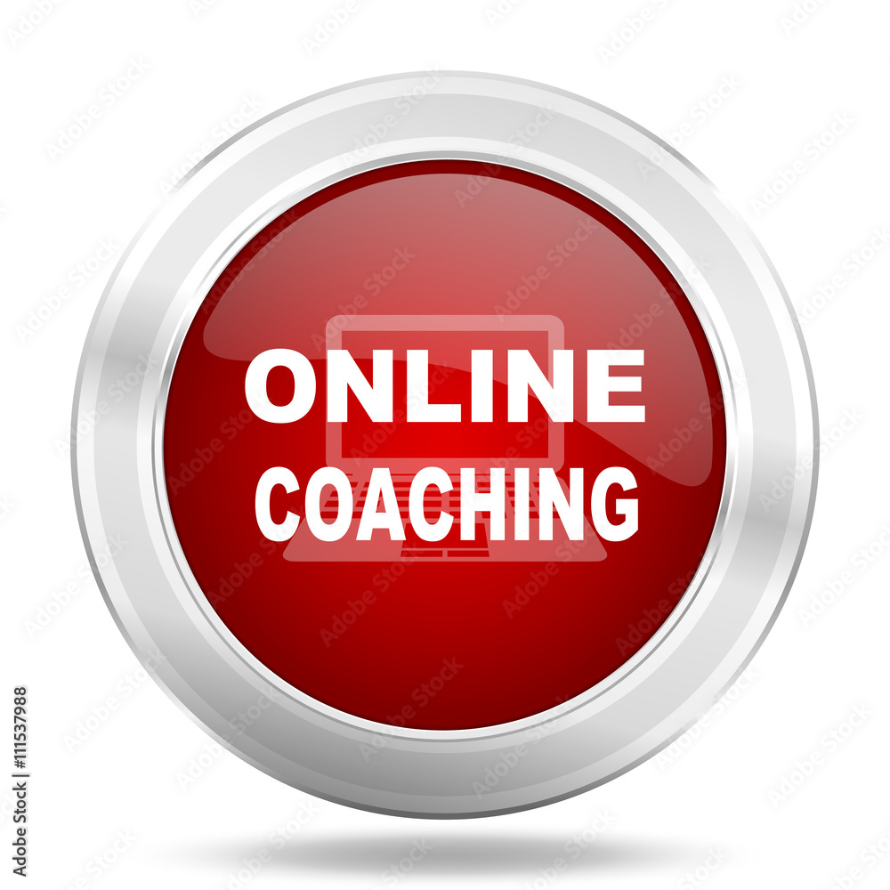 online coaching icon, red round glossy metallic button, web and mobile app design illustration online coaching icon, red round glossy metallic button, web and mobile app design illustration