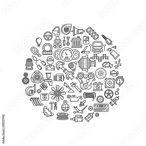 Auto spare parts line vector icons in circle composition